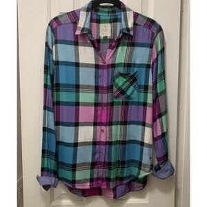 AEO American Eagle Colorful Plaid Vintage Boyfriend Button Up Long Sleeve Shirt